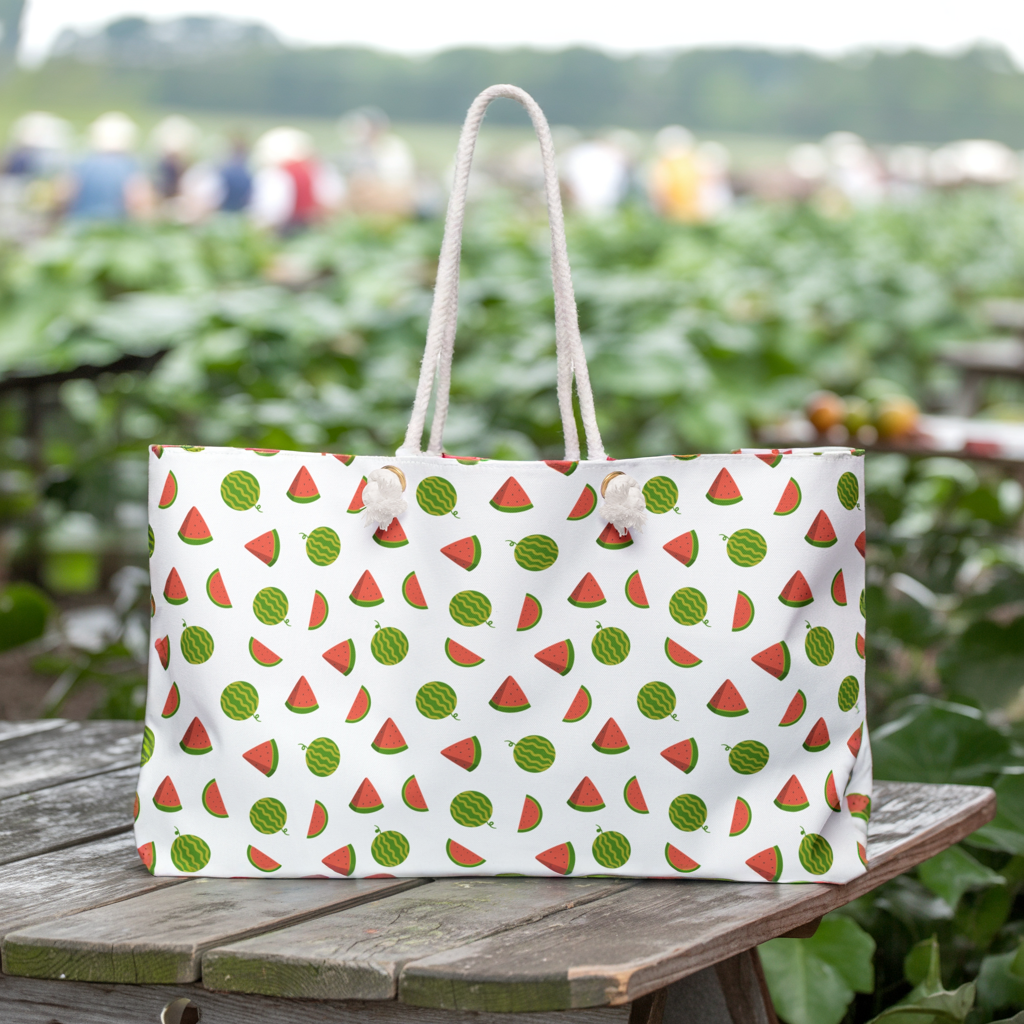 Weekender Bag - Watermelon Pattern Travel Tote for Summer Getaways, featuring durable spun polyester with rope handles, ideal for vibrant, joyful trips. Perfectly sized for essentials, embodying FireBrook Designs' uplifting style.
