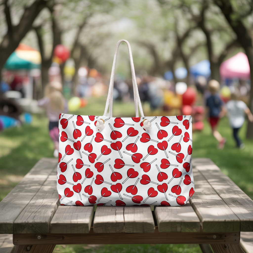 Weekender Bag - Heart Lollipops Design on a picnic table, showcasing its playful, romantic style with rope handles and a spacious interior, perfect for joyful weekend getaways or special occasions.