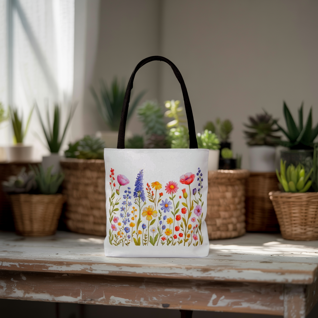 Wildflowers Tote Bag featuring a close-up design of delicate wildflowers, capturing a free-spirited, natural vibe. Ideal for nature enthusiasts and everyday use, reflecting FireBrook Designs' focus on joyful, uplifting products.