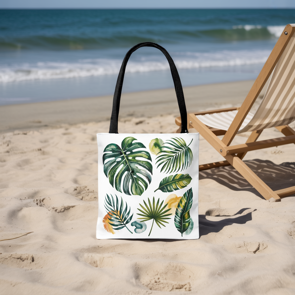 Tropical Leaves Tote Bag showcasing vibrant green leaf patterns, ideal for beach or shopping. Spacious and durable with reinforced handles, embodying FireBrook Essentials' joyful, stylish design ethos. Perfect for summer outings.