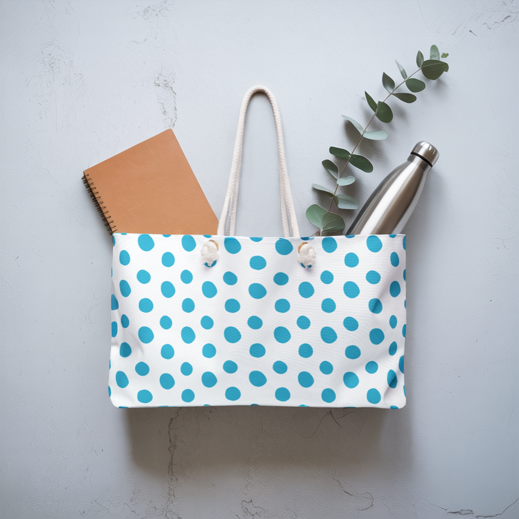 Weekender Bag - Light Blue Polka Dots Travel Tote features a playful design with rope handles and a spacious T-bottom, ideal for weekend getaways and embodying FireBrook Essentials' joyful, stylish ethos.