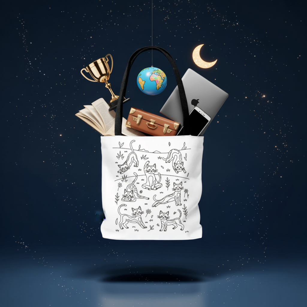 Yoga Cat Tote Bag featuring playful cat yoga poses, designed by FireBook Designs, offers ample space for essentials, blending whimsy with practicality for cat lovers and yoga enthusiasts.