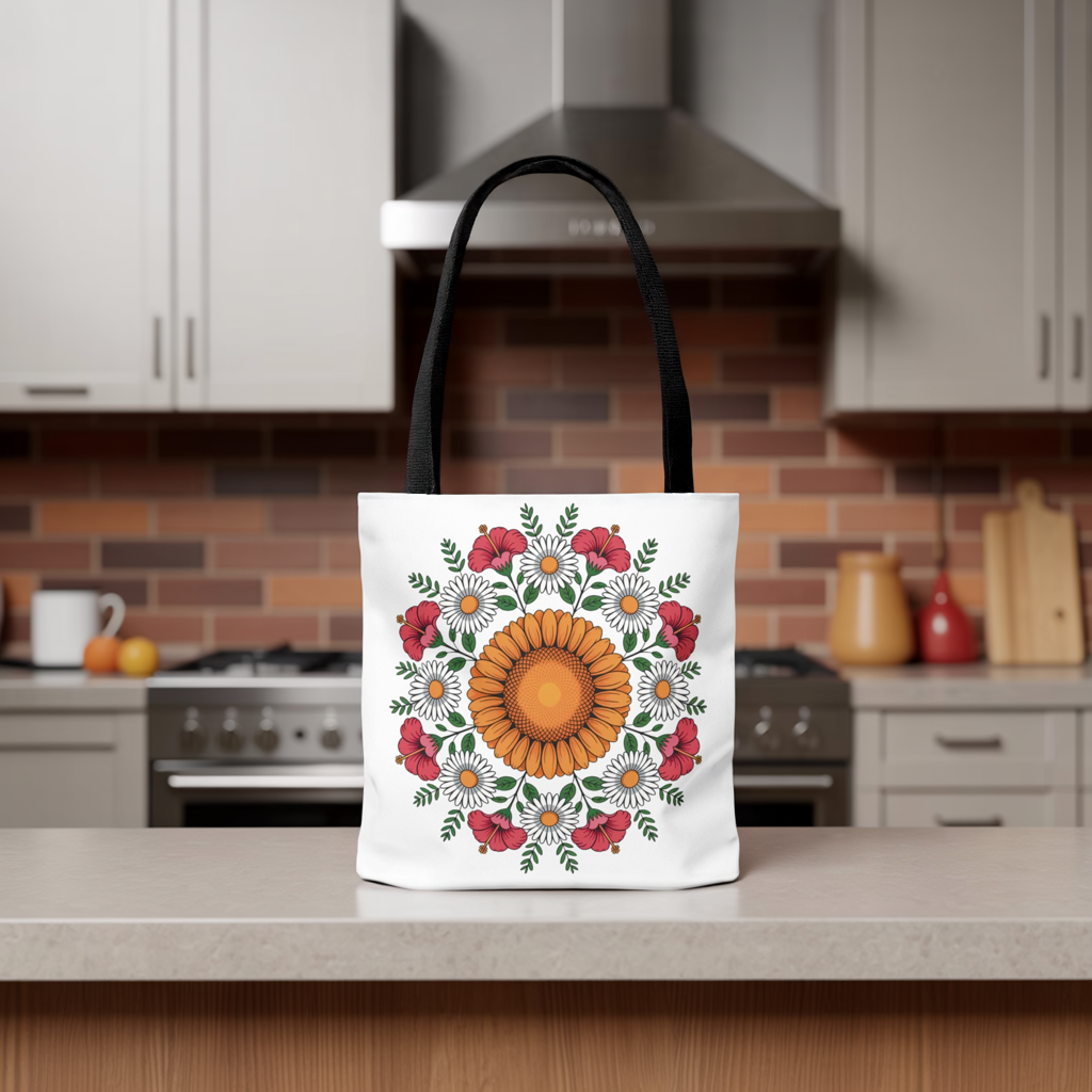 Mandala Design with Sunflowers, Daisies, and Hibiscus Tote Bag showcasing intricate floral patterns, perfect for summer outings. This vibrant tote embodies boho-chic style, ideal for carrying essentials at festivals or beach trips.