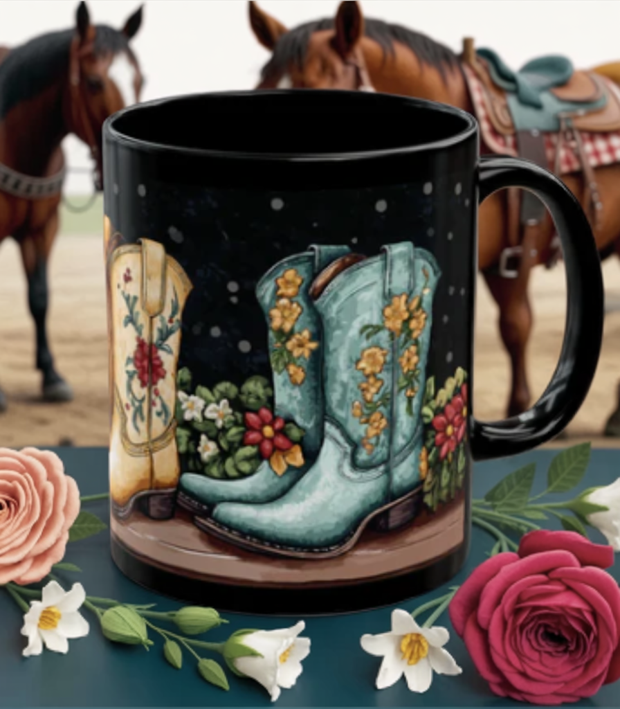 Cowgirl Boots Mug (11oz, 15oz) featuring a floral cowboy boots design on glossy black ceramic, highlighting FireBrook Designs' blend of western charm and practicality. Perfect for coffee or tea lovers.