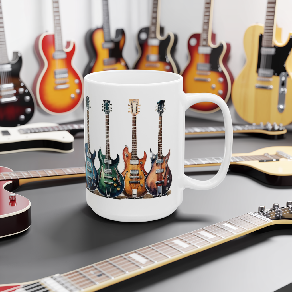 Guitar Mug (11oz, 15oz) featuring vibrant guitar illustrations, perfect for music lovers. This high-quality ceramic mug offers a comfortable grip, ideal for enjoying your favorite hot or cold beverages.
