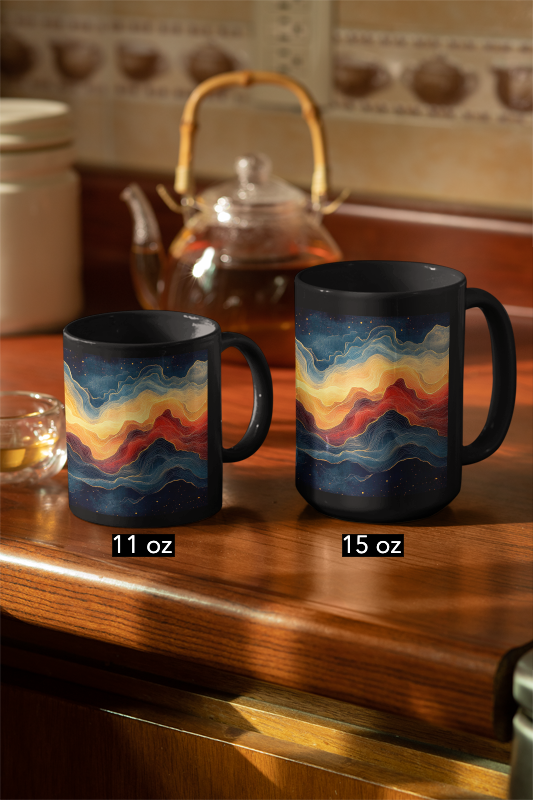Galaxy Sky Mug in glossy ceramic, featuring an abstract mountain sunset motif. Available in 11oz and 15oz sizes, perfect for coffee or tea lovers seeking functional artistry.