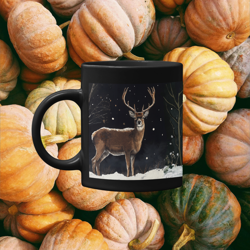 Deer at Snowy Night Mug (11oz, 15oz) with a serene deer design in a winter scene. This glossy ceramic mug from FireBrook Designs is perfect for cozy, joyful moments with hot beverages.