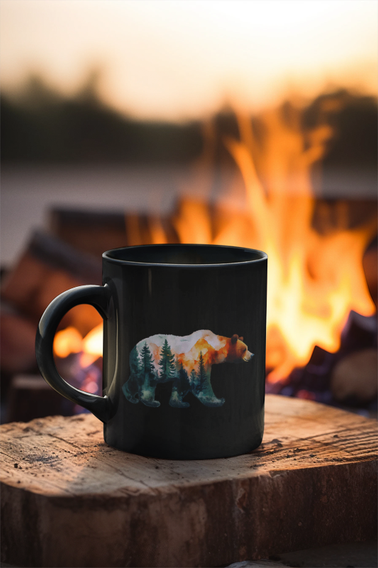 Bear in the Woods Mountain Mug (11 oz, 15 oz) with a bear and tree design, perfect for nature lovers and hunters, adding rustic charm to your coffee routine. Ideal for gifting.