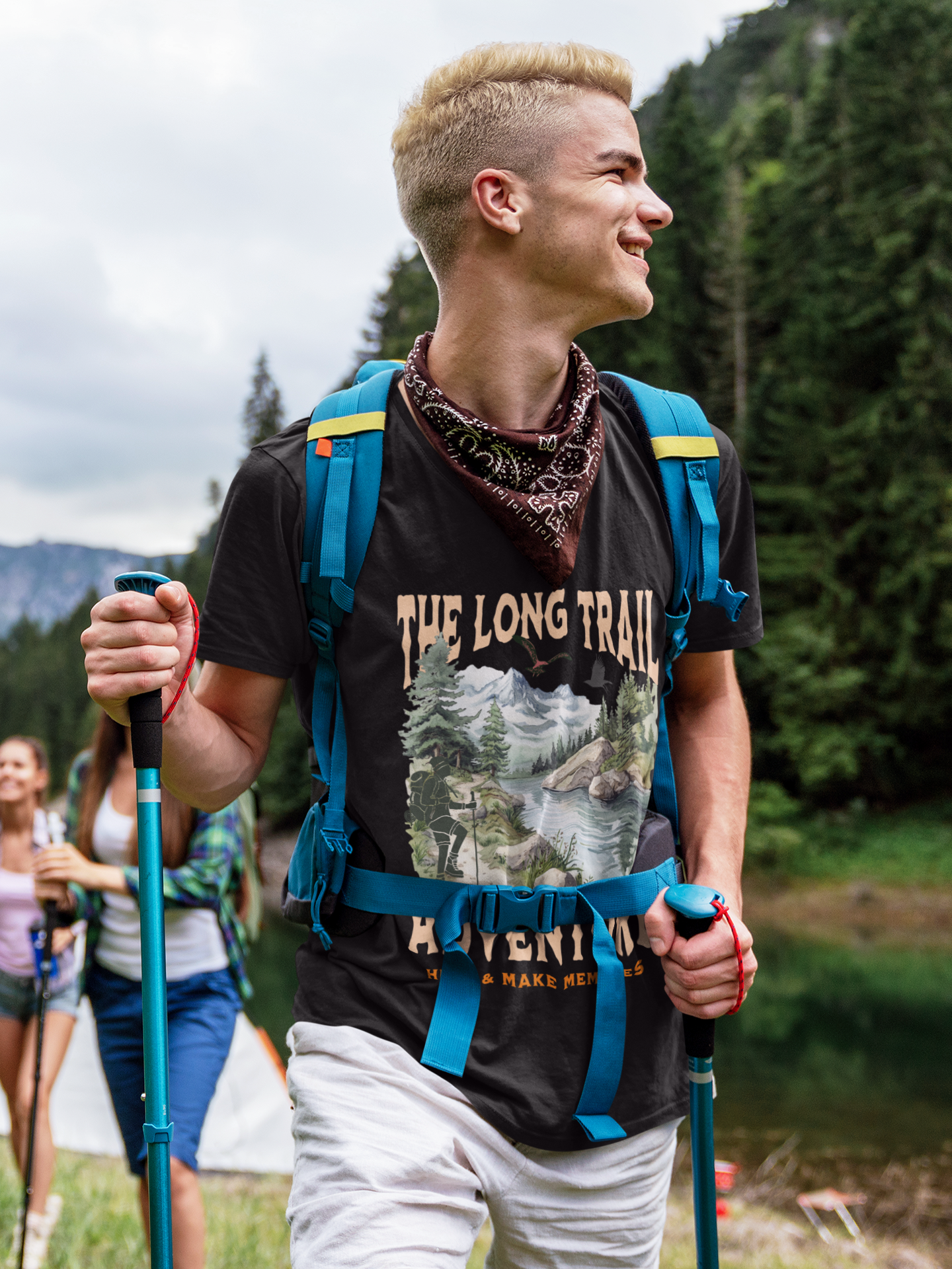 The Long Trail Adventure Hike & Make Memories Gildan Unisex T-Shirt shown on a man hiking with a backpack and poles, emphasizing outdoor adventure and comfort.