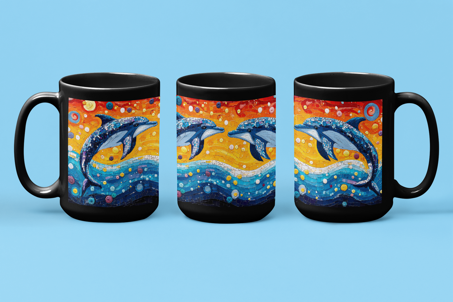 Dolphins Mug (11oz, 15oz) features a mosaic dolphin design on a black ceramic surface, perfect for animal lovers. Ideal for cozy mornings, it embodies FireBrook Essentials' uplifting, joyful design ethos.