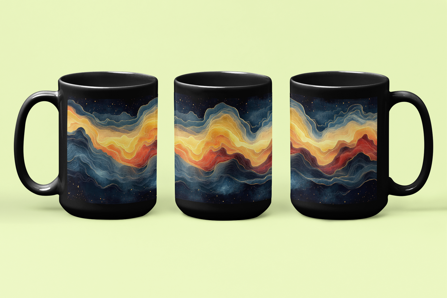 Galaxy Sky Mug available in 11oz and 15oz, featuring a vibrant abstract mountain sunset design. This glossy ceramic mug combines art and functionality, ideal for nature and art lovers.