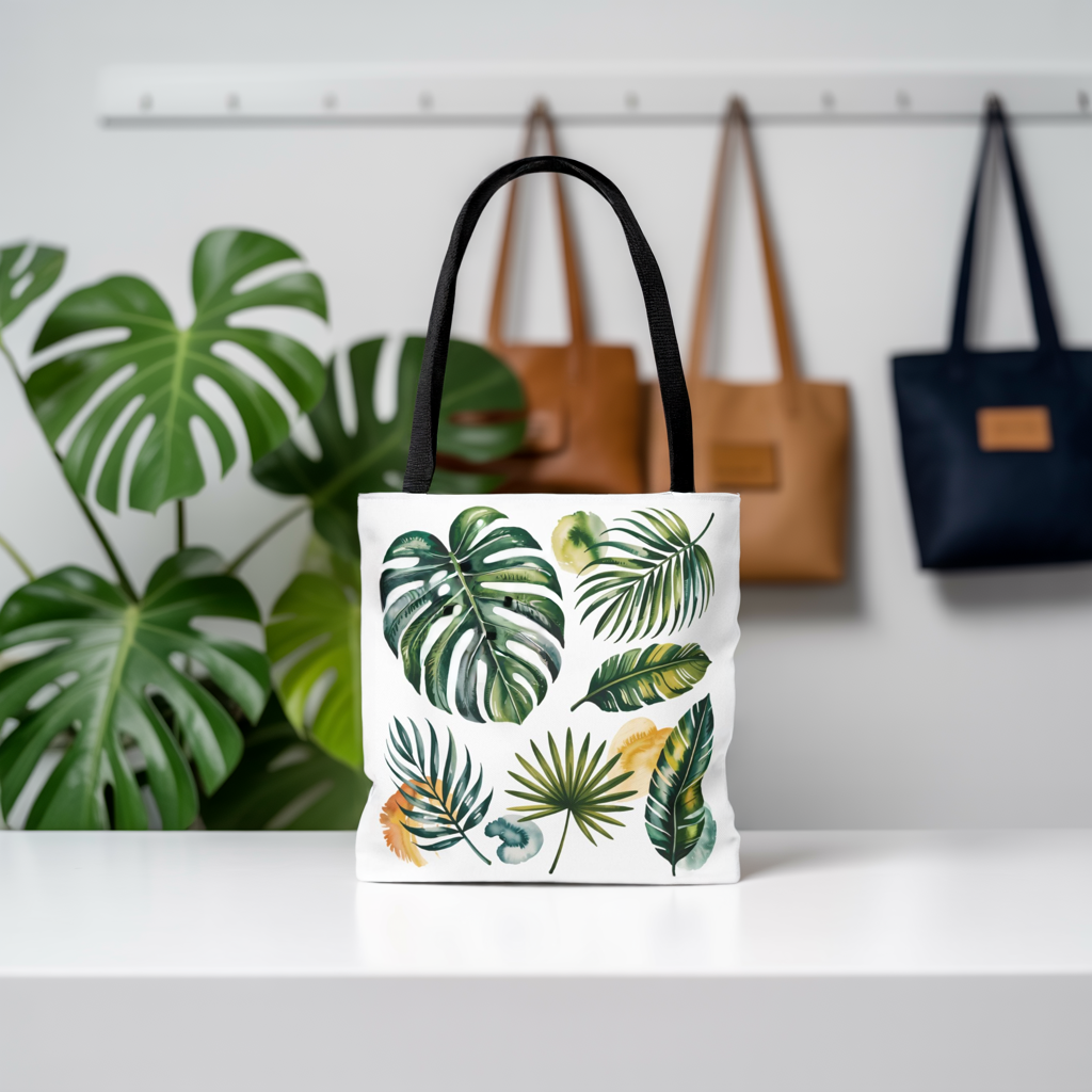 Tropical Leaves Tote Bag featuring vibrant green leaf patterns on a white background, showcasing a fresh, summery design. Ideal for beach or shopping, reflecting FireBrook Essentials’ stylish and joyful aesthetic.