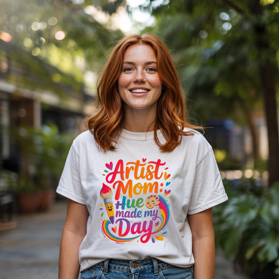 Artist Mom: Hue Made My Day T-Shirt with relaxed fit and classic crew neckline, featuring garment-dyed fabric for a cozy, artsy vibe, ideal for creative mothers seeking comfort and style.
