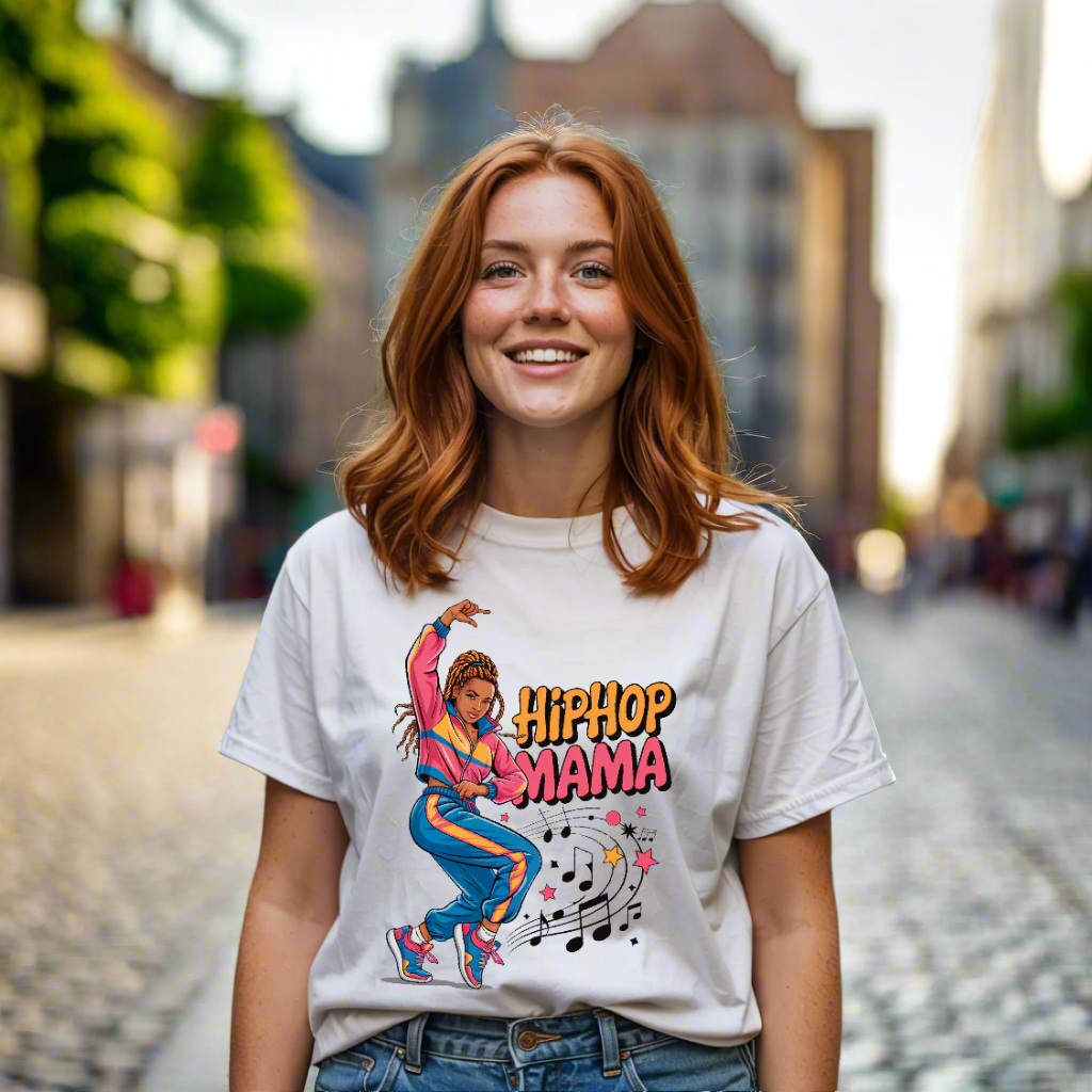 HipHop Mama T-Shirt showcasing a relaxed fit, designed for stylish, dance-loving moms. Made of 100% Airlume cotton, ideal for casual occasions, aligning with FireBrook Essentials' focus on comfort and positivity.