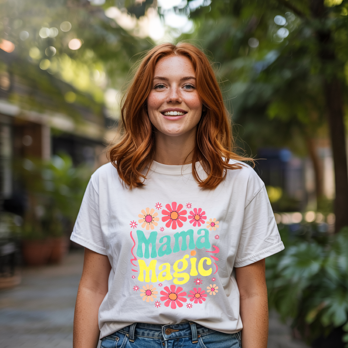 Mama Magic T-Shirt, a Bella+Canvas unisex tee, showcases a magical design perfect for Mother's Day. Its comfortable fit and retail style reflect FireBrook Essentials' focus on stylish, uplifting apparel.
