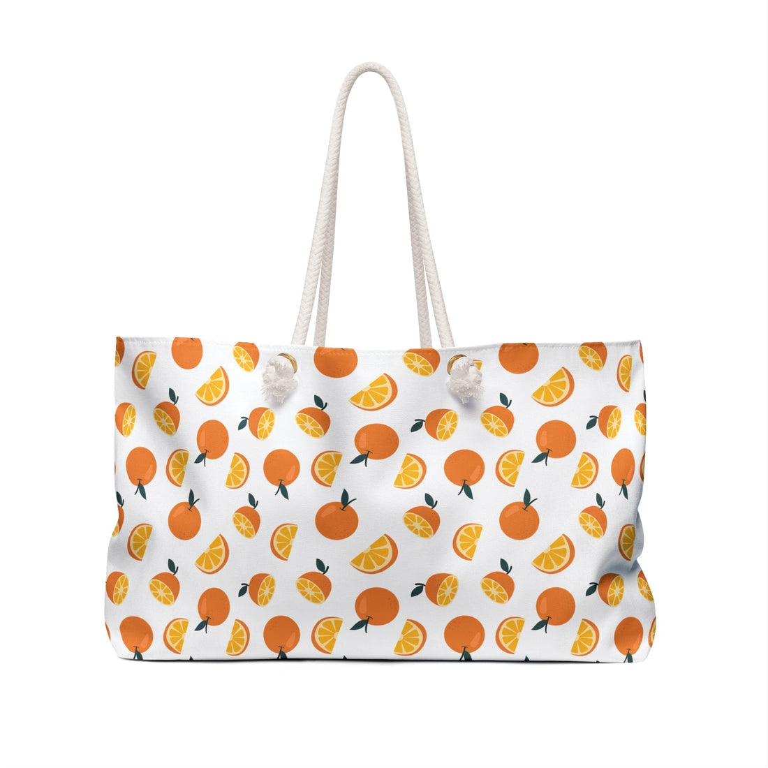 A white shoulder bag featuring a vibrant orange slice design, embodying FireBrook Essentials' commitment to stylish, uplifting accessories that add a joyful touch to everyday life.