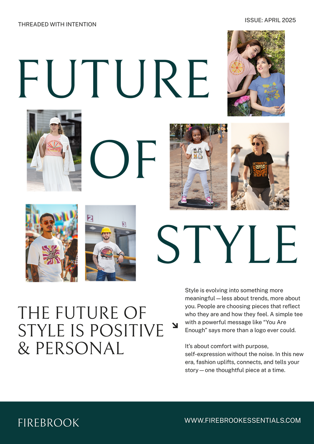 Poster featuring a diverse group of people in casual attire, including a child on a swing and adults in various poses, reflecting joyful, stylish apparel from FireBrook Essentials.