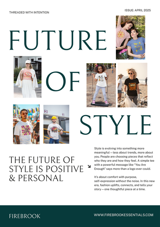 Poster featuring a diverse group of people in casual attire, including a child on a swing and adults in various poses, reflecting joyful, stylish apparel from FireBrook Essentials.