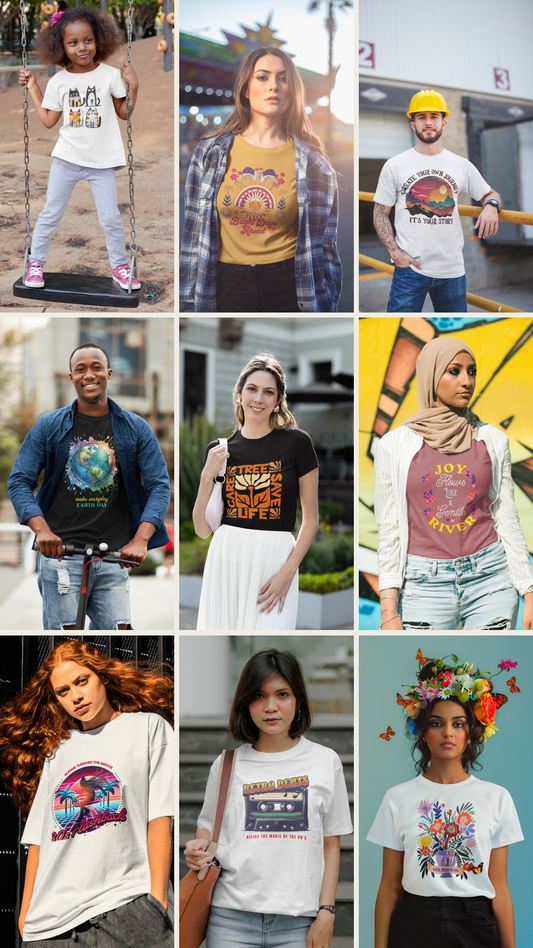 A woman wearing a black shirt adorned with flowers in her hair, part of a collage highlighting diverse individuals, reflecting FireBrook Designs' commitment to stylish, uplifting apparel.