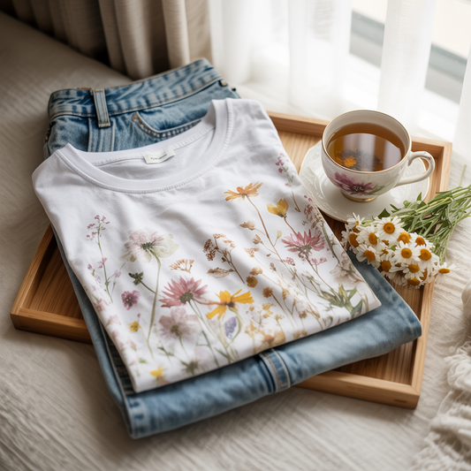 A bouquet of daisies beside a steaming cup of tea, showcasing a calming, indoor setting with a focus on comfort and relaxation, aligning with FireBrook Essentials' uplifting designs.