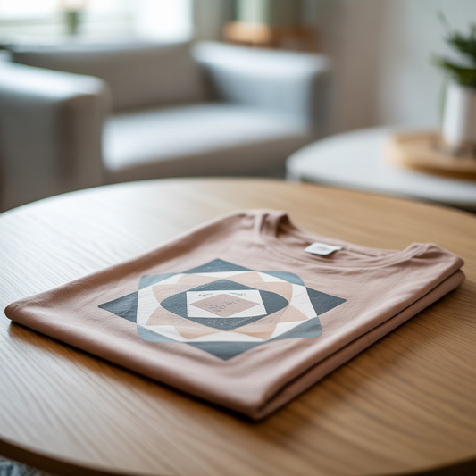 A folded shirt on a table, showcasing a comfortable and stylish design, embodying FireBrook Essentials' commitment to uplifting, joyful apparel.