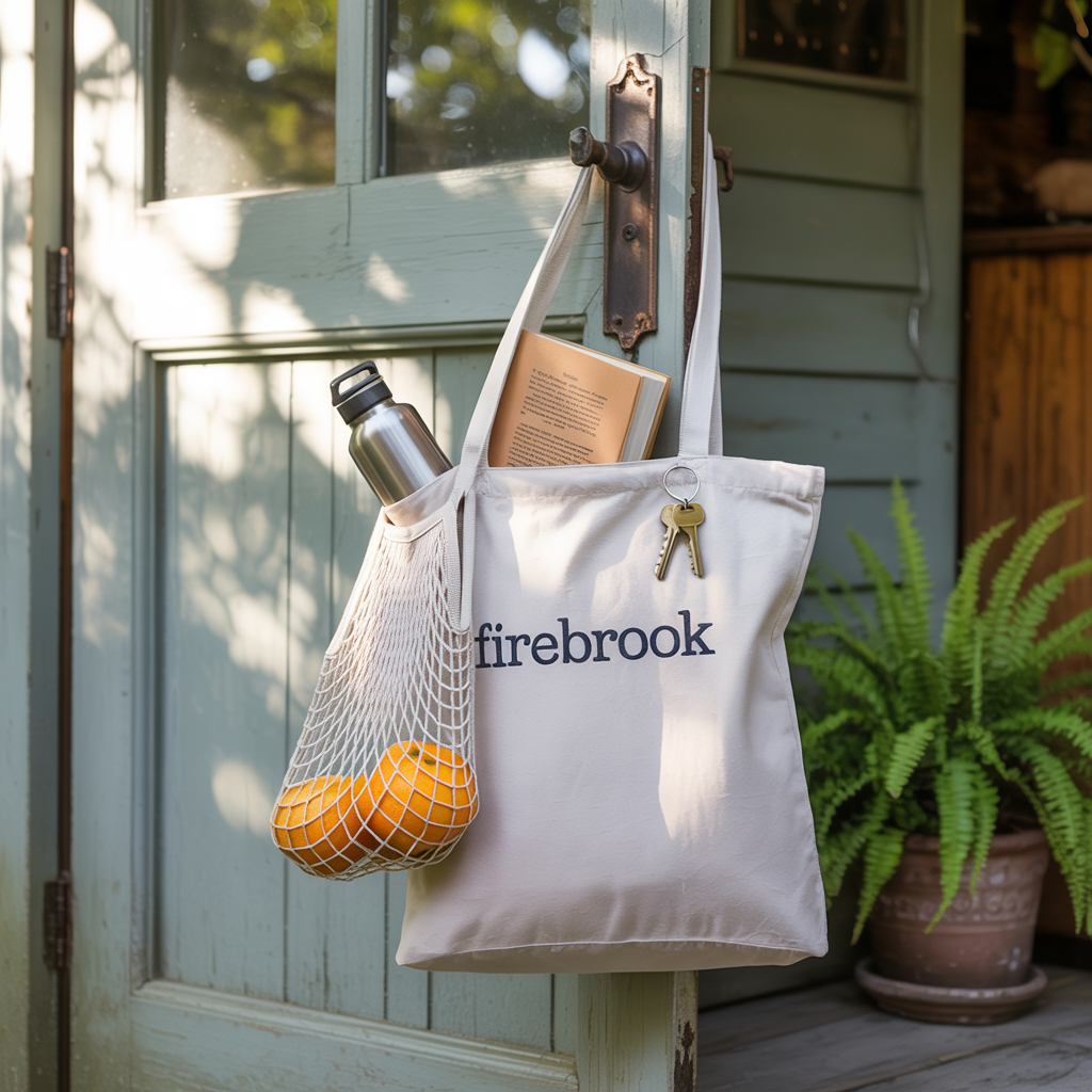 A close-up of a book, a water bottle, and two oranges in a string bag, showcasing FireBrook Designs' essentials for a joyful, stylish lifestyle.