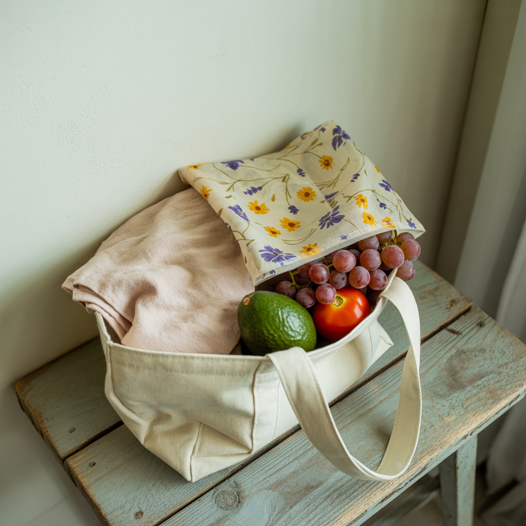 Close-up of a tomato and grapes on fabric, highlighting natural textures and vibrant colors, capturing the essence of fresh, uplifting design associated with FireBrook Essentials.
