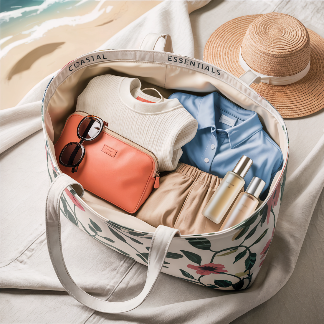A straw hat with a white ribbon, paired with stylish sunglasses and a sleek silver cylinder, embodying FireBrook Essentials' commitment to uplifting, joyful fashion accessories.