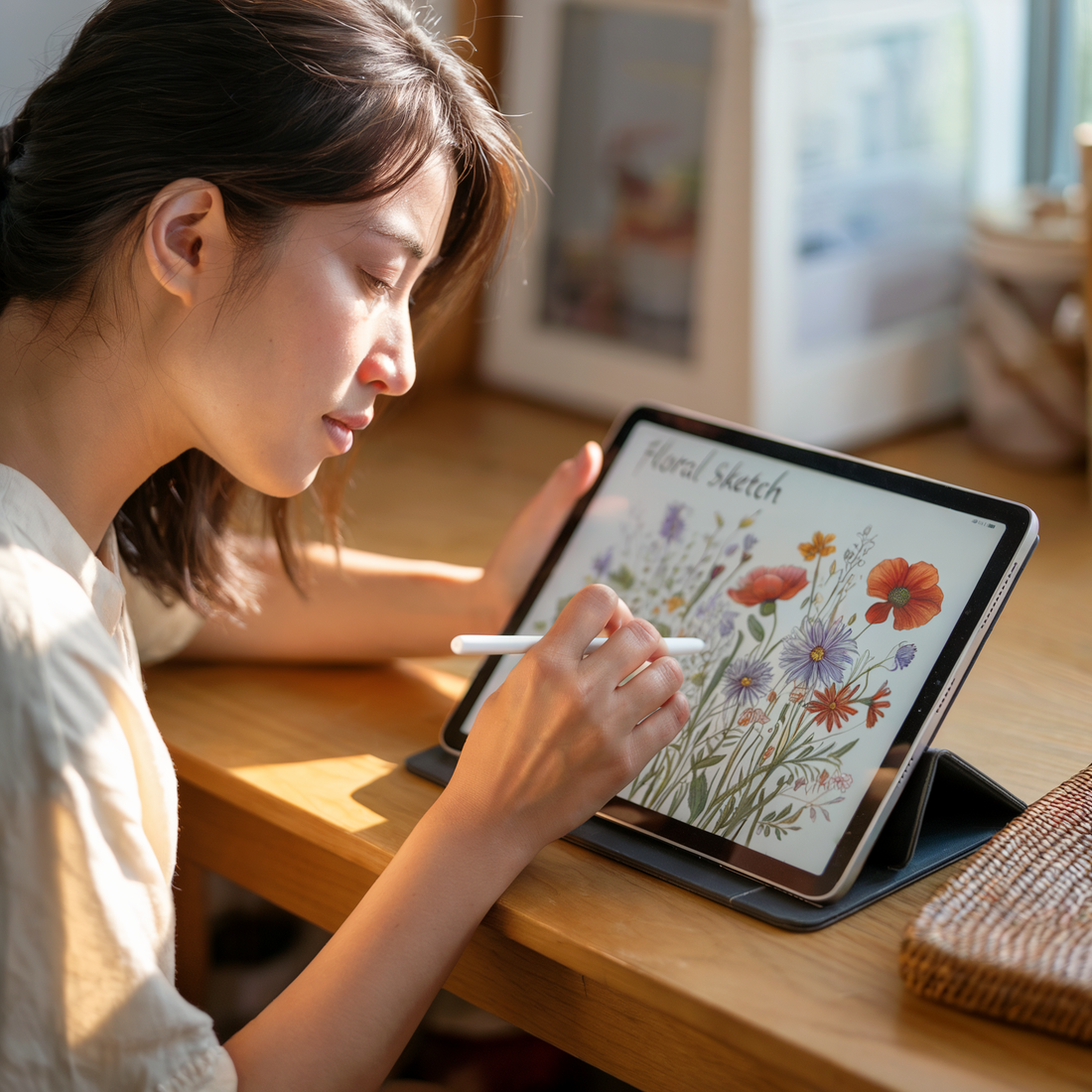 A woman attentively draws on a tablet using a stylus, showcasing creativity and technology. Her expression suggests focus and engagement, reflecting FireBrook Designs' ethos of joyful, uplifting creations.