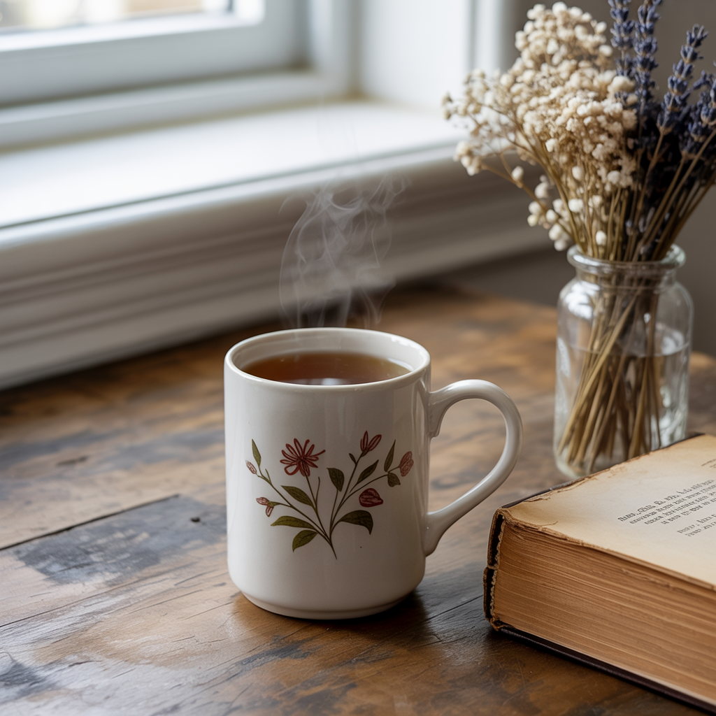 A steaming cup of tea in a stylish mug from FireBrook Designs, highlighting comfort and positivity, alongside a book and a handle.