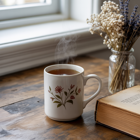 A steaming cup of tea in a stylish mug from FireBrook Designs, highlighting comfort and positivity, alongside a book and a handle.