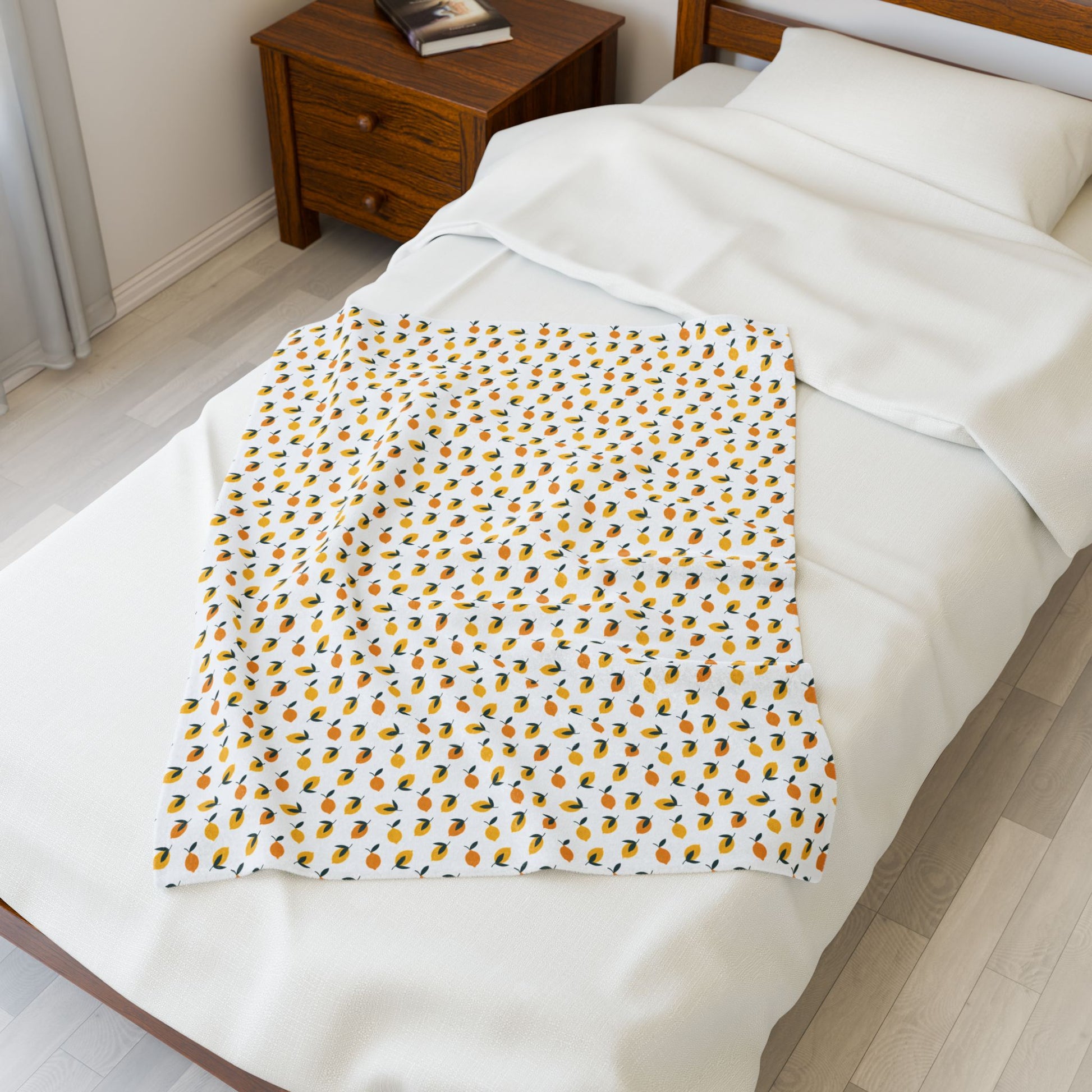 Velveteen Plush Blanket - Lemon Pattern; features a vibrant lemon motif, embodying a refreshing summer feel. Ideal for cozy evenings or decor, showcasing FireBrook Essentials' joyful and uplifting design aesthetic.