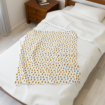 Velveteen Plush Blanket - Lemon Pattern; features a vibrant lemon motif, embodying a refreshing summer feel. Ideal for cozy evenings or decor, showcasing FireBrook Essentials' joyful and uplifting design aesthetic.