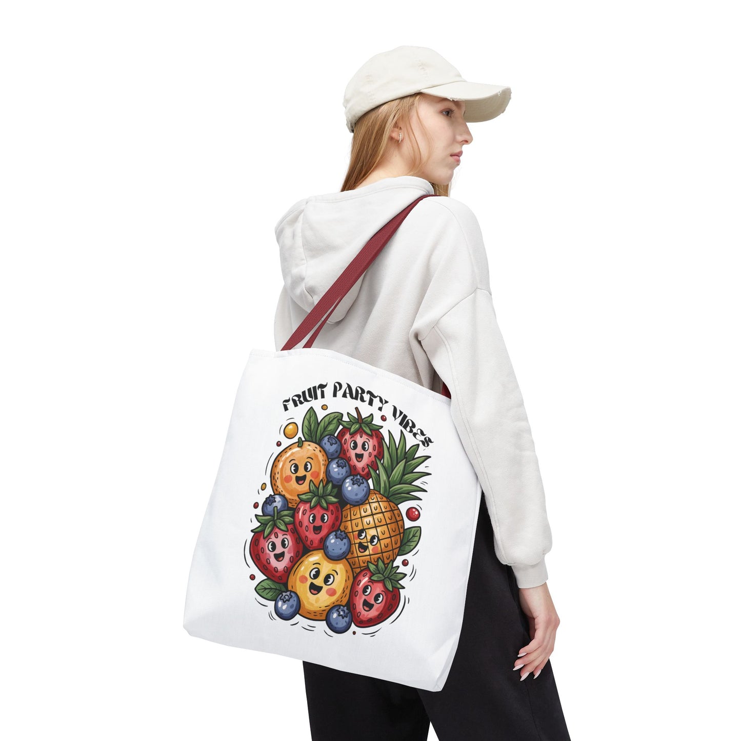 Fruit Party Tote Bag - Fun Summer Vibes, showcasing vibrant, playful fruit designs, ideal for summer outings. Features durable polyester, reinforced handles, and ample space, reflecting FireBrook Essentials' joyful, stylish ethos.