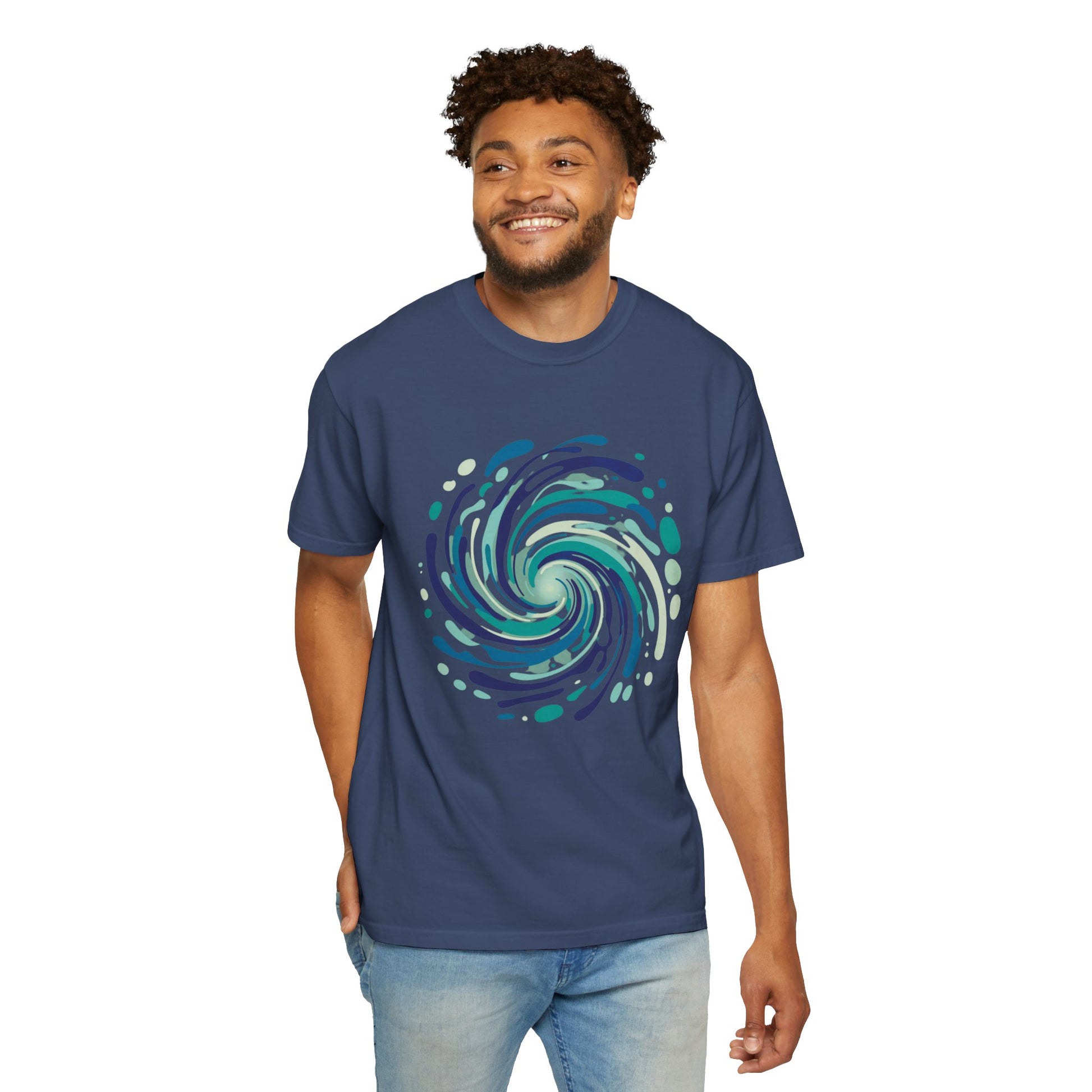 Ocean Waves Abstract T-Shirt featuring a dynamic, swirling design of interweaving lines, capturing oceanic movement. Ideal for beach outings, it embodies FireBrook Essentials' commitment to stylish and uplifting apparel.