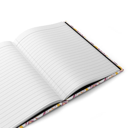 HARDCOVER JOURNAL, MATTE, RULED, 5X7, SEWN BIND, CLEAN-TEAR PAGES – FLORAL VINE, features a durable wire-bound design with open, ruled pages and a glimpse of its vibrant, abstract-patterned cover.