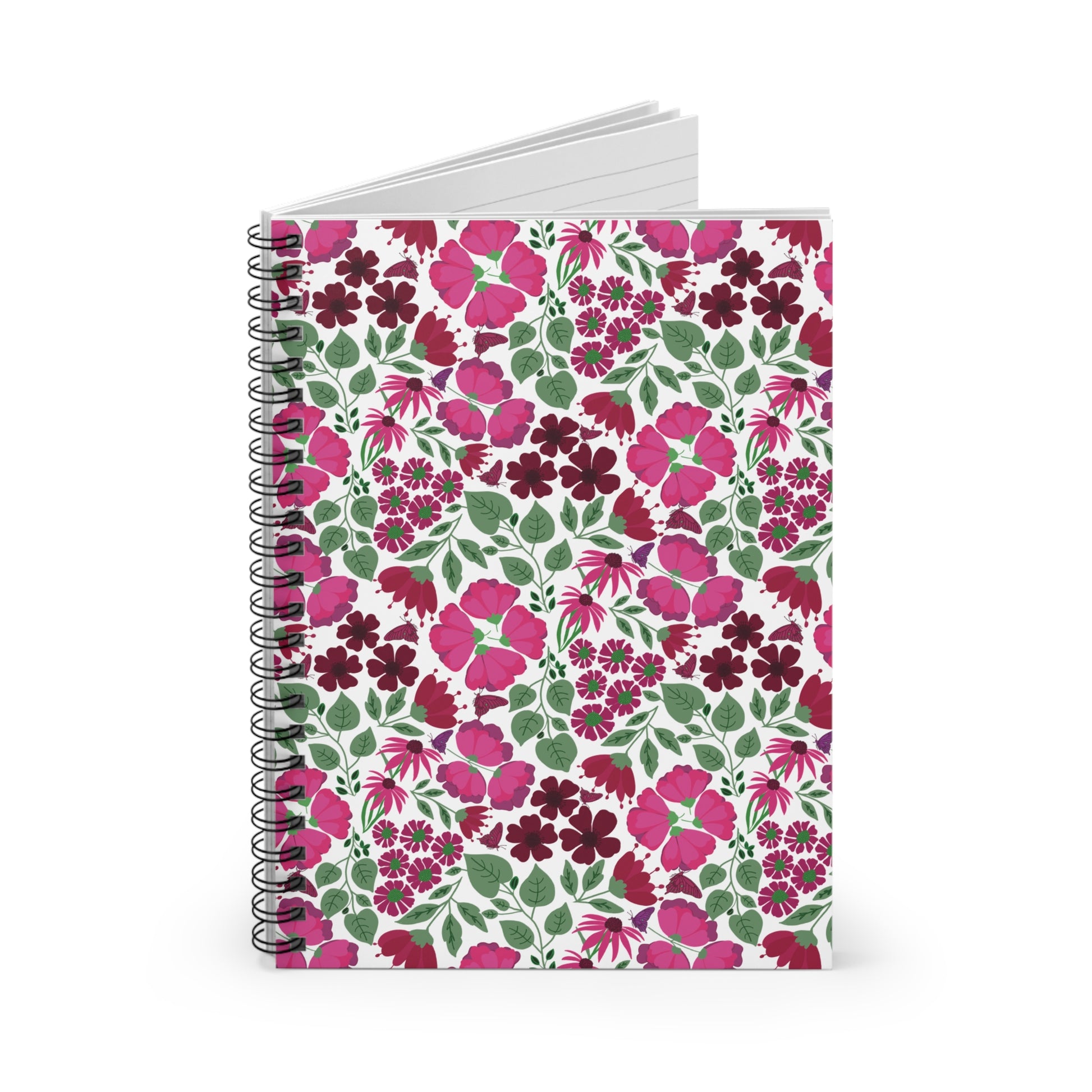 Floral Spiral Notebook with vibrant pink and burgundy floral cover, black metal binding, and visible blank pages. Ideal for creative journaling and note-taking, reflecting FireBrook Designs' uplifting and joyful ethos.