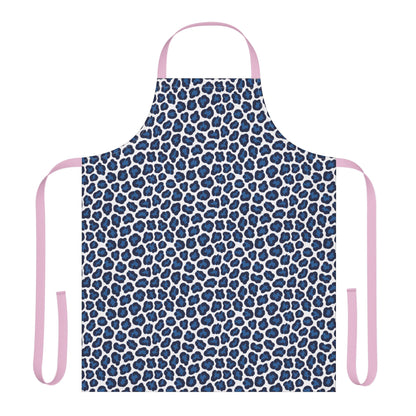 Apron, Cheetah Print: A vibrant blue and white apron with a bold cheetah pattern, featuring pink straps. Designed for comfort and style, it's ideal for cooking or crafting, reflecting FireBrook Essentials' uplifting design ethos.