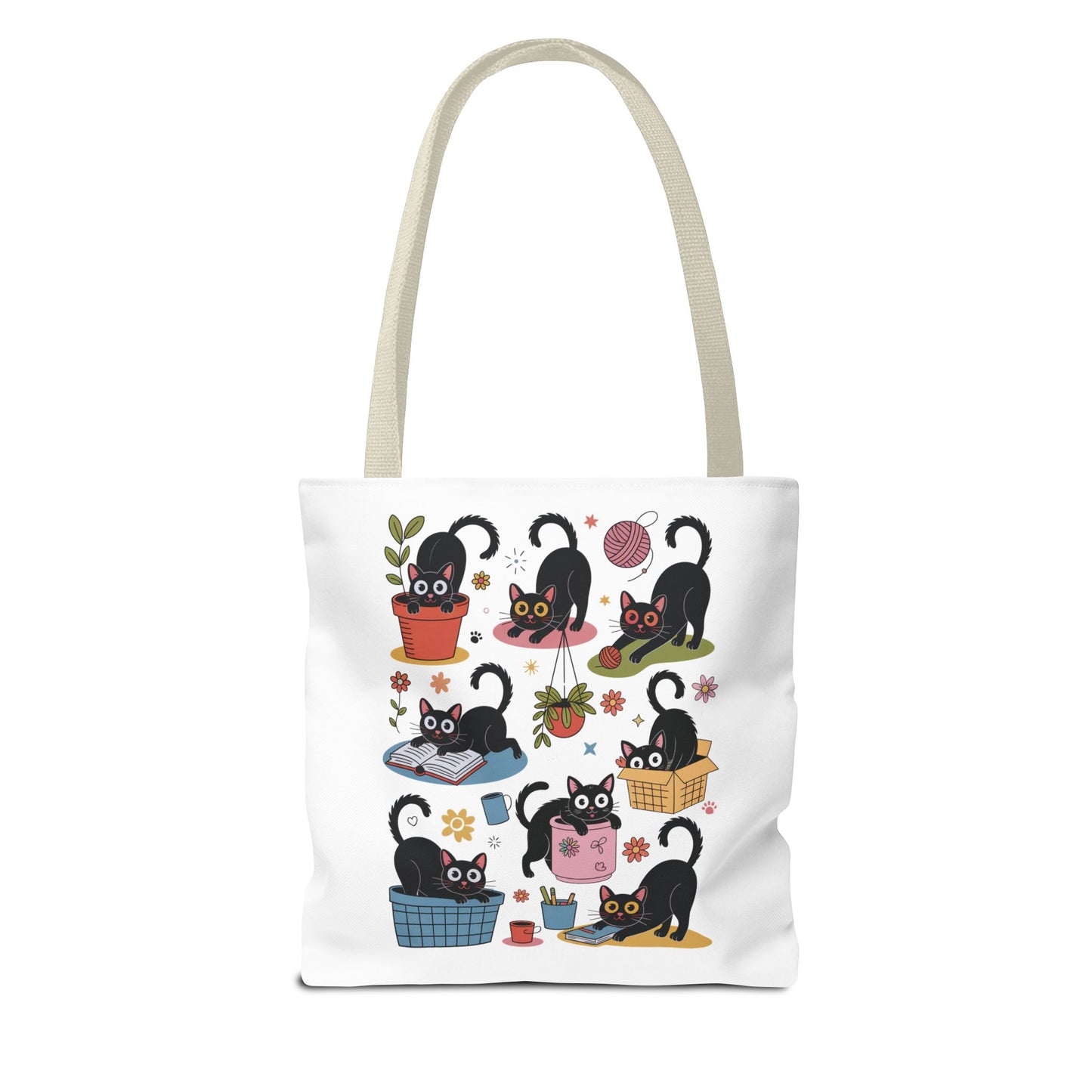 Cat Tote Bag - Curious Cat Design: A whimsical tote featuring a playful cat illustration, ideal for errands or beach trips. Durable polyester with reinforced handles, perfect for cat lovers who enjoy unique, artistic accessories.