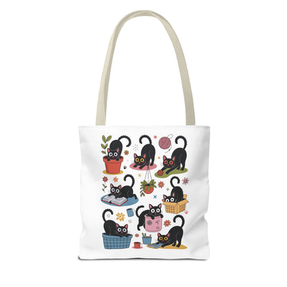 Cat Tote Bag - Curious Cat Design: A whimsical tote featuring a playful cat illustration, ideal for errands or beach trips. Durable polyester with reinforced handles, perfect for cat lovers who enjoy unique, artistic accessories.