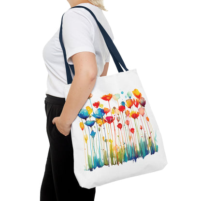 Watercolor Floral Tote Bag held by a woman, showcasing its floral design. Ideal for stylish, everyday use, combining beauty and functionality.