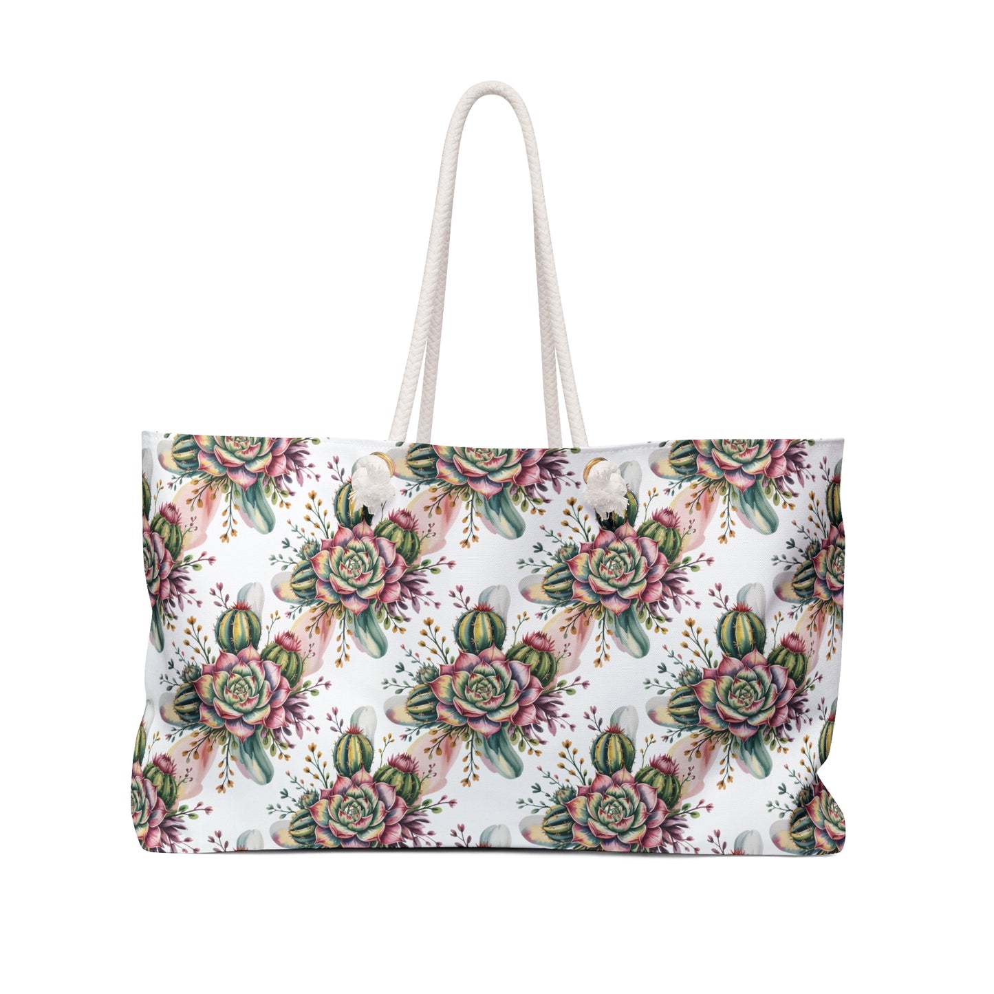 Weekender Bag - Vibrant Succulents and Cacti Cluster Print: A stylish, nature-inspired accessory with durable rope handles and gold grommets, embodying FireBrook Essentials' uplifting design for joyful travels.