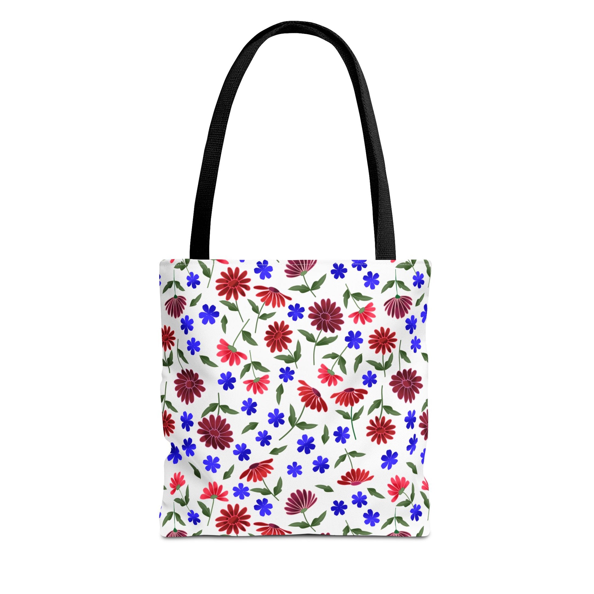 Floral Pattern Tote Bag — Red & Blue Wildflower All-Over Print features a cheerful floral design with red daisies and blue blooms on white. Black straps enhance its versatile charm from FireBrook Designs.