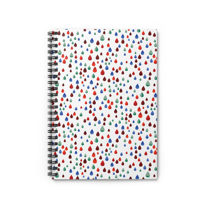 Raindrops Spiral Notebook with vibrant teardrop motifs in red, blue, and green on a white cover, featuring sleek metal spiral binding for easy page turning, ideal for creative and organized note-taking.