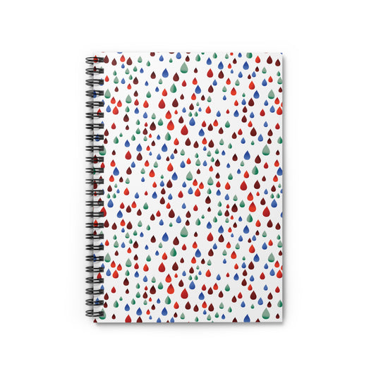 Raindrops Spiral Notebook with vibrant teardrop motifs in red, blue, and green on a white cover, featuring sleek metal spiral binding for easy page turning, ideal for creative and organized note-taking.
