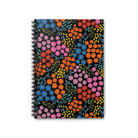 Floral Spiral Notebook featuring vibrant, stylized blossoms with teal-green leaves on a black cover, complemented by a durable metal coil binding, embodies FireBrook Essentials' blend of style and functionality.