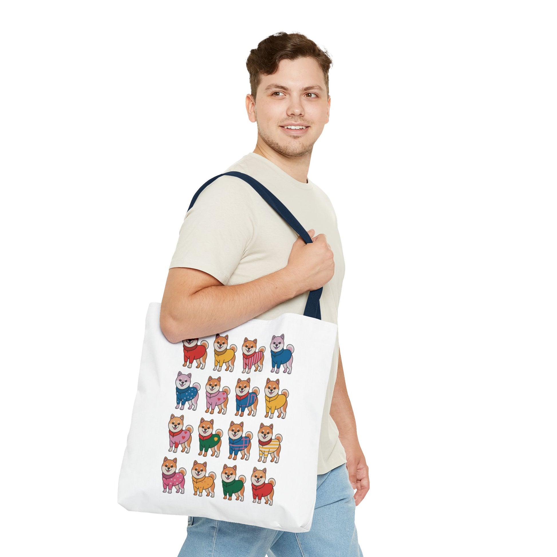 Shiba Inu Grid Tote Bag with Colorful Outfits features adorable dogs in vibrant attire, perfect for adding whimsy to your errands. Ideal for dog lovers seeking a playful, stylish accessory.