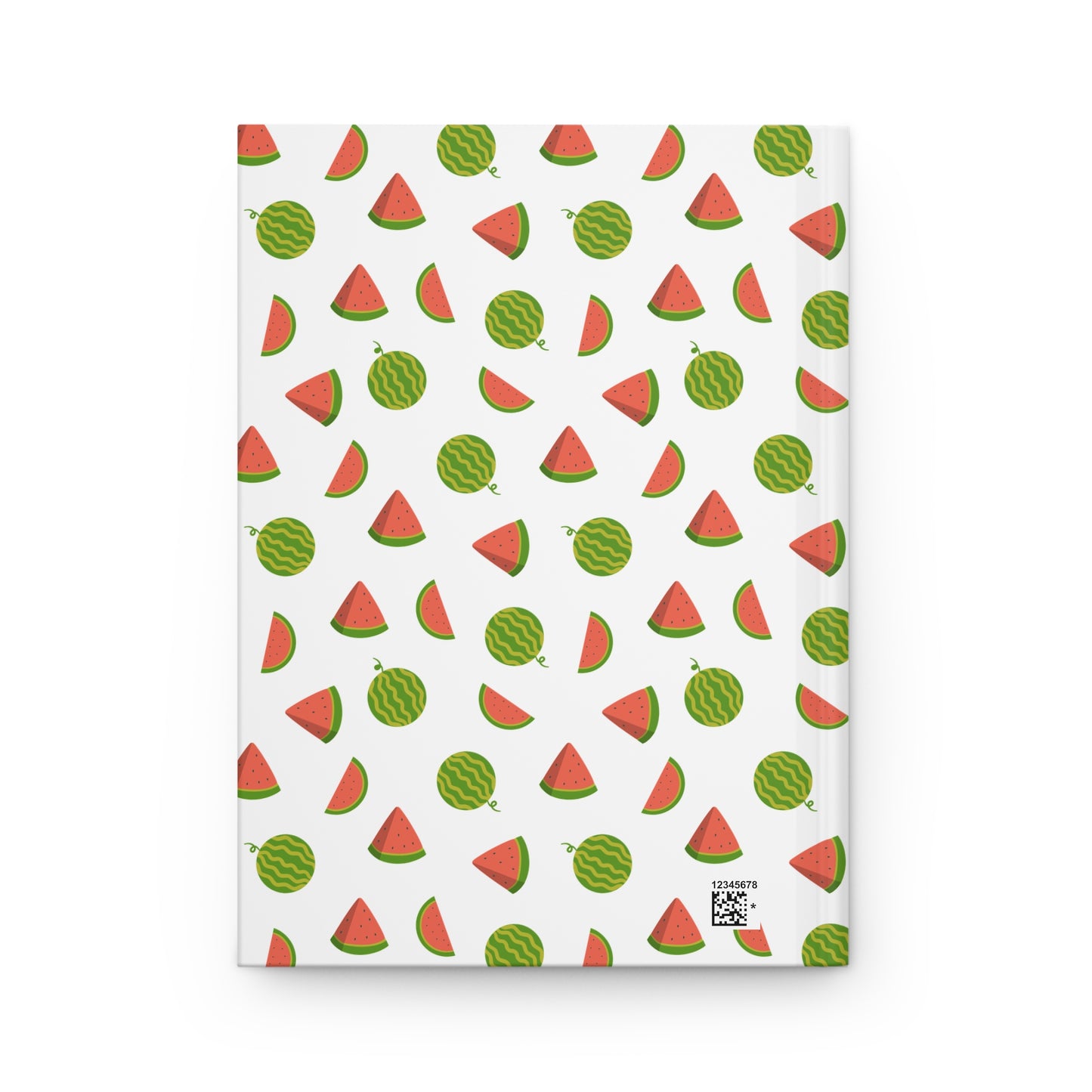 HARDCOVER JOURNAL, MATTE, RULED, 5x7, SEWN BIND, CLEAN-TEAR PAGES – WATERMELON design features playful cartoon watermelons on a durable cover, showcasing FireBrook Designs' cheerful and functional aesthetic. Small barcode visible bottom right.