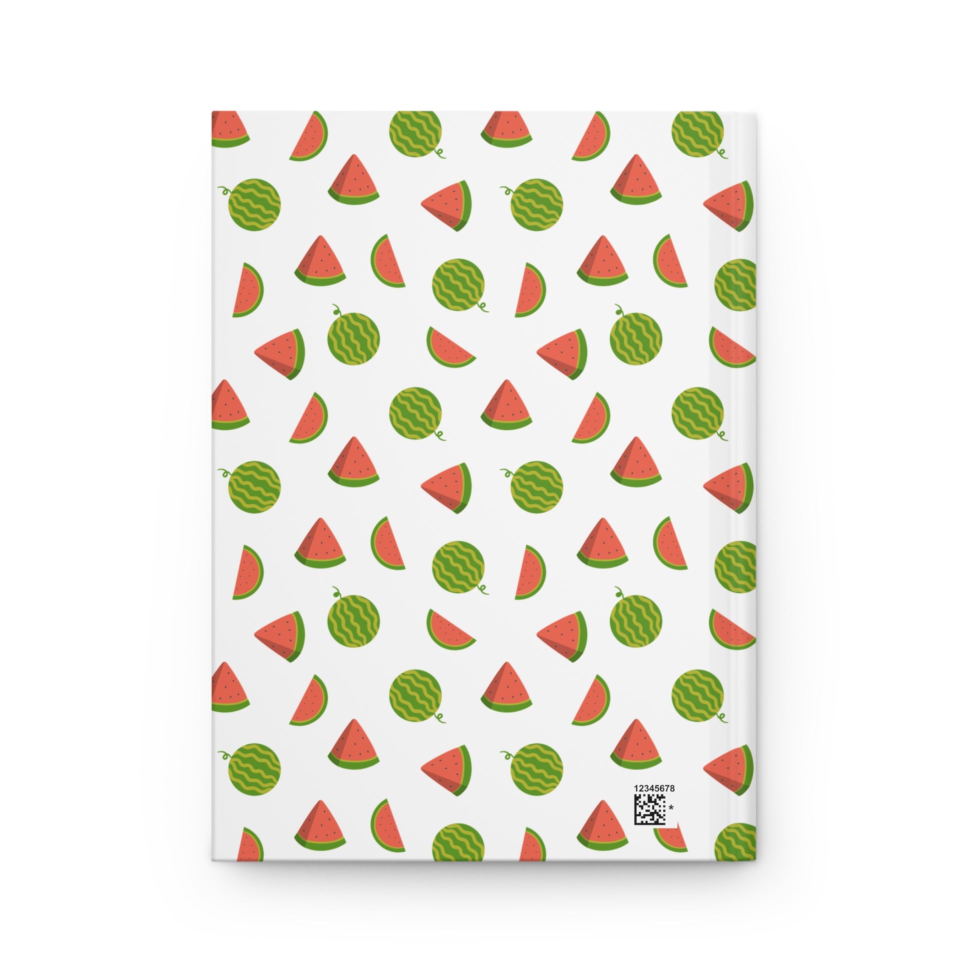 HARDCOVER JOURNAL, MATTE, RULED, 5x7, SEWN BIND, CLEAN-TEAR PAGES – WATERMELON design features playful cartoon watermelons on a durable cover, showcasing FireBrook Designs' cheerful and functional aesthetic. Small barcode visible bottom right.