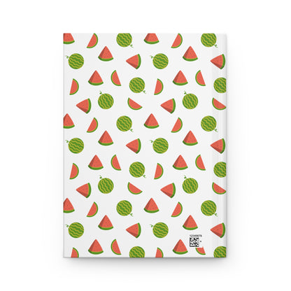 HARDCOVER JOURNAL, MATTE, RULED, 5x7, SEWN BIND, CLEAN-TEAR PAGES – WATERMELON design features playful cartoon watermelons on a durable cover, showcasing FireBrook Designs' cheerful and functional aesthetic. Small barcode visible bottom right.